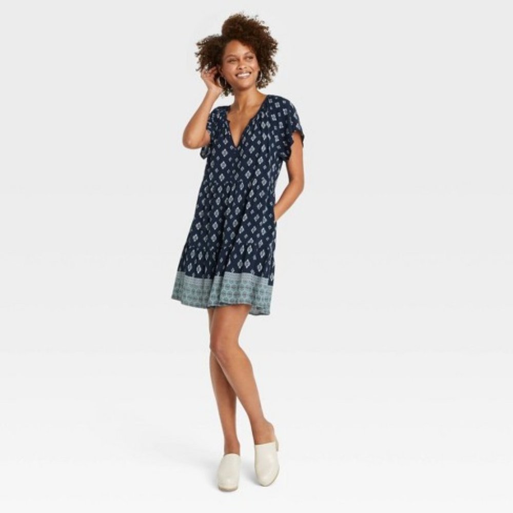 Knox Rose Flutter Short Sleeve Tiered Dress Blue Ikat Print XXL